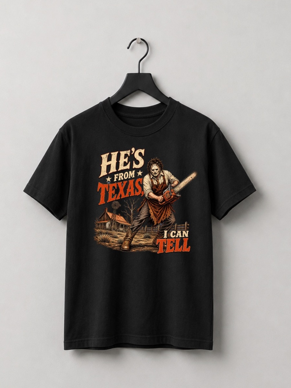 Black Short-Sleeve Graphic Tee with Orange & Cream Print